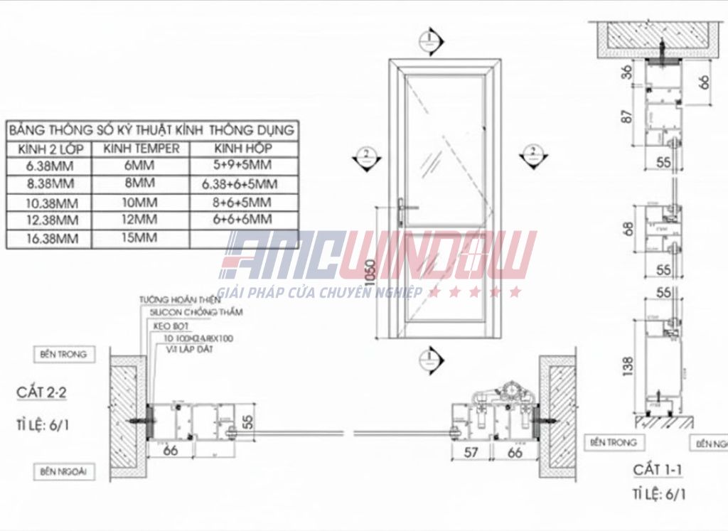 Bản vẽ kỹ thuật cửa đi mở quay 1 cánh nhôm Xingfa Quảng Đông tem đỏ