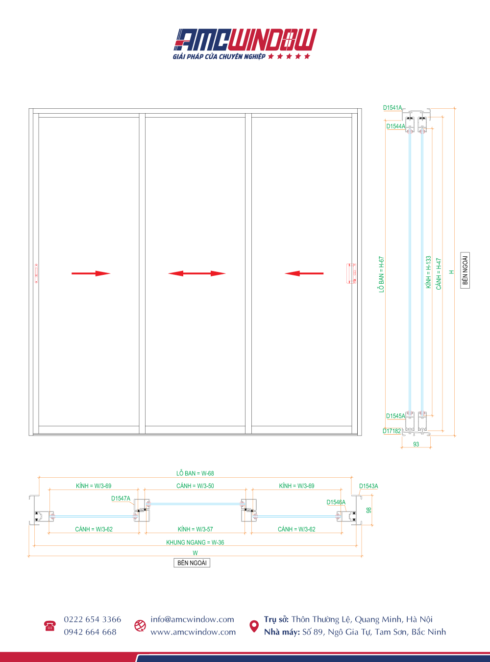 Cửa đi 3 cánh mở trượt Xingfa hệ 93 cua di 3 canh mo lua ban 62