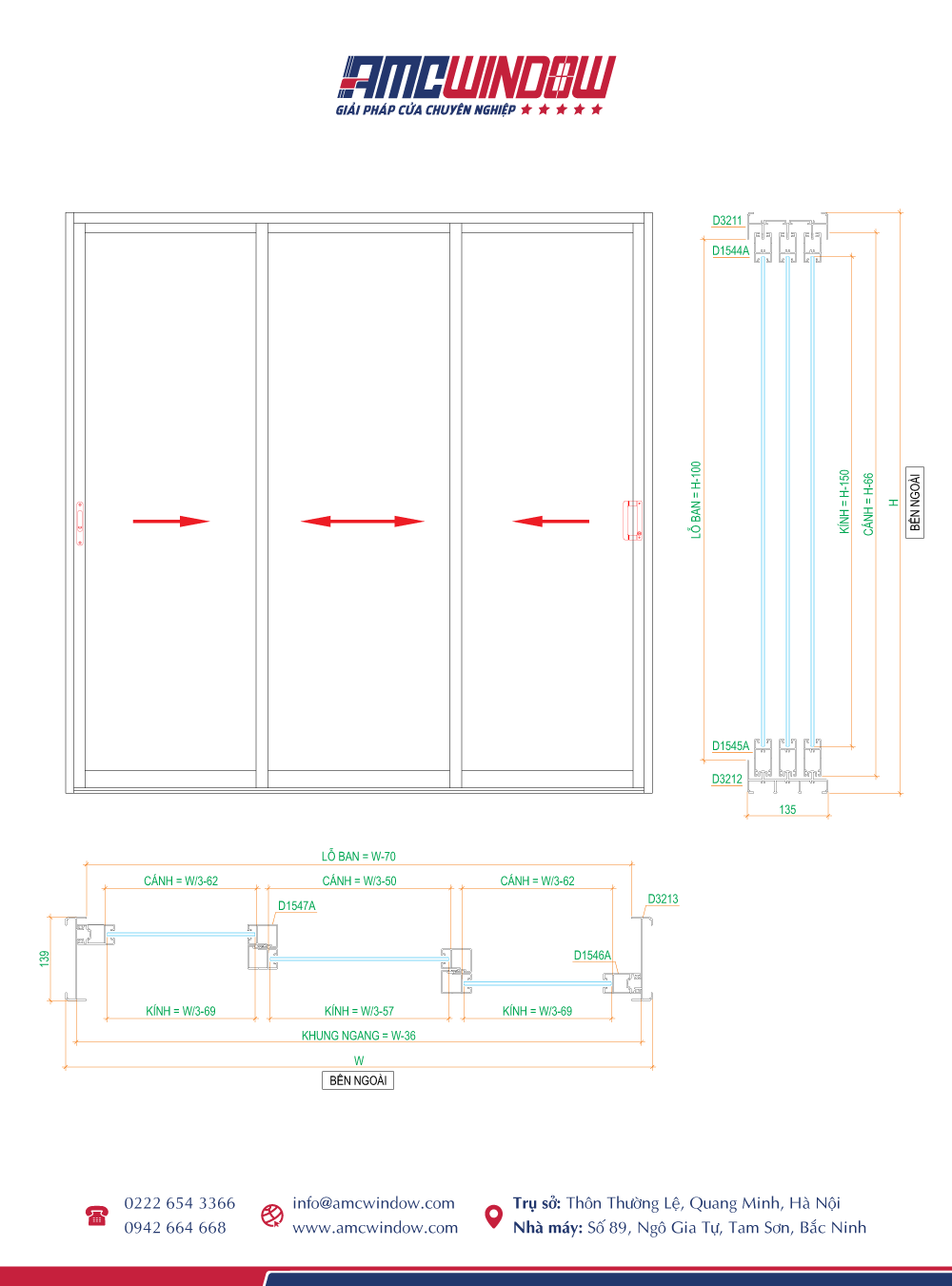 Cửa đi mở trượt 3 cánh 3 ray Xingfa hệ 93 cua di mo lua 3 canh 3 ray ban 62