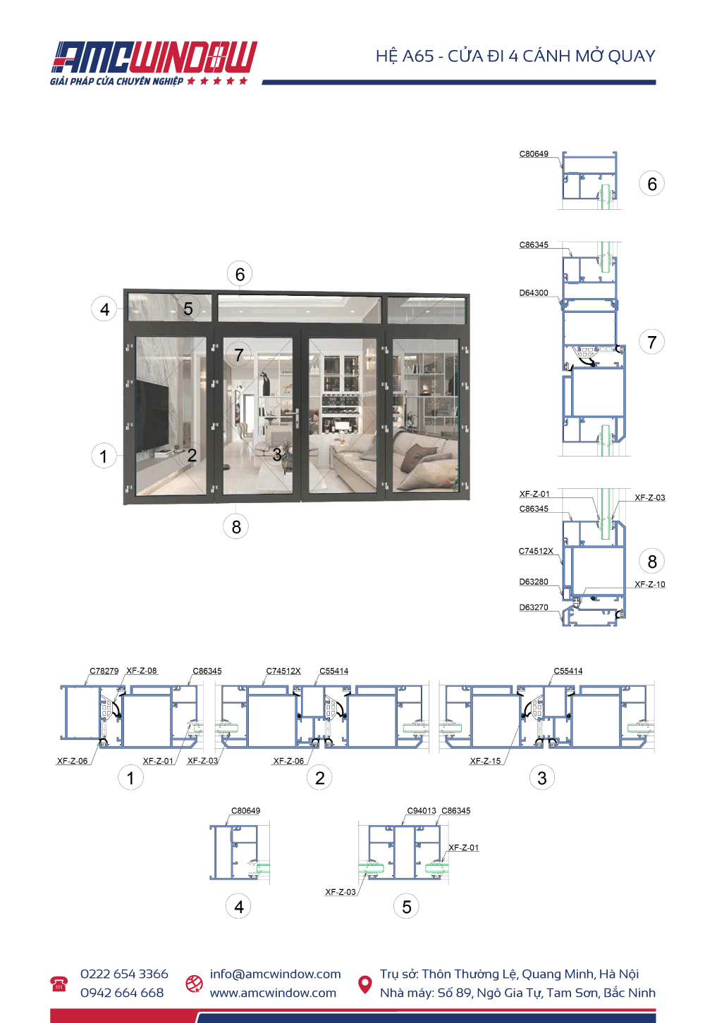 Cửa đi 4 cánh mở quay Xingfa hệ A65 he a65 cua di 4 canh mo quay