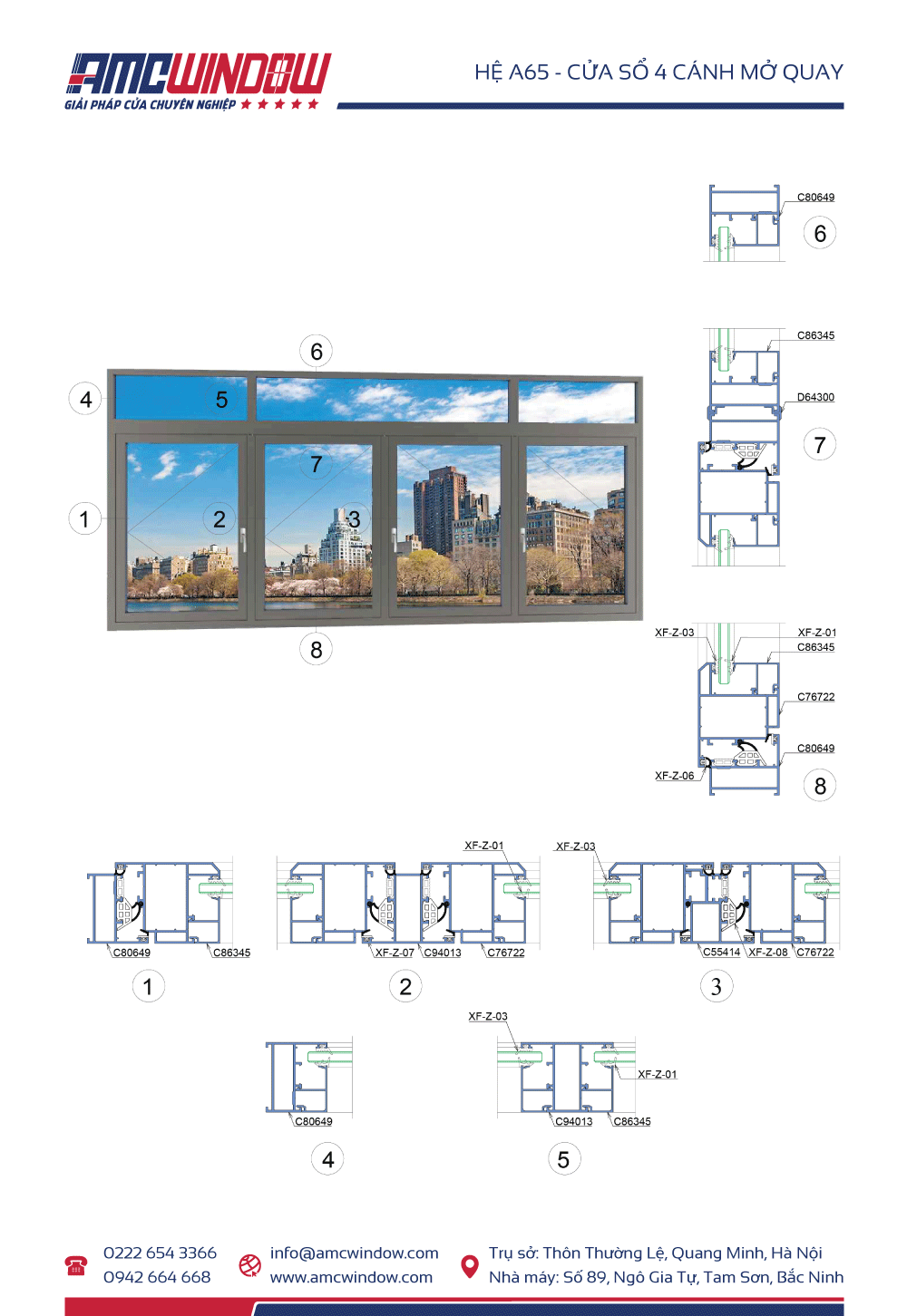 Cửa sổ 4 cánh mở quay Xingfa hệ A65 he a65 cua so 4 canh mo quay