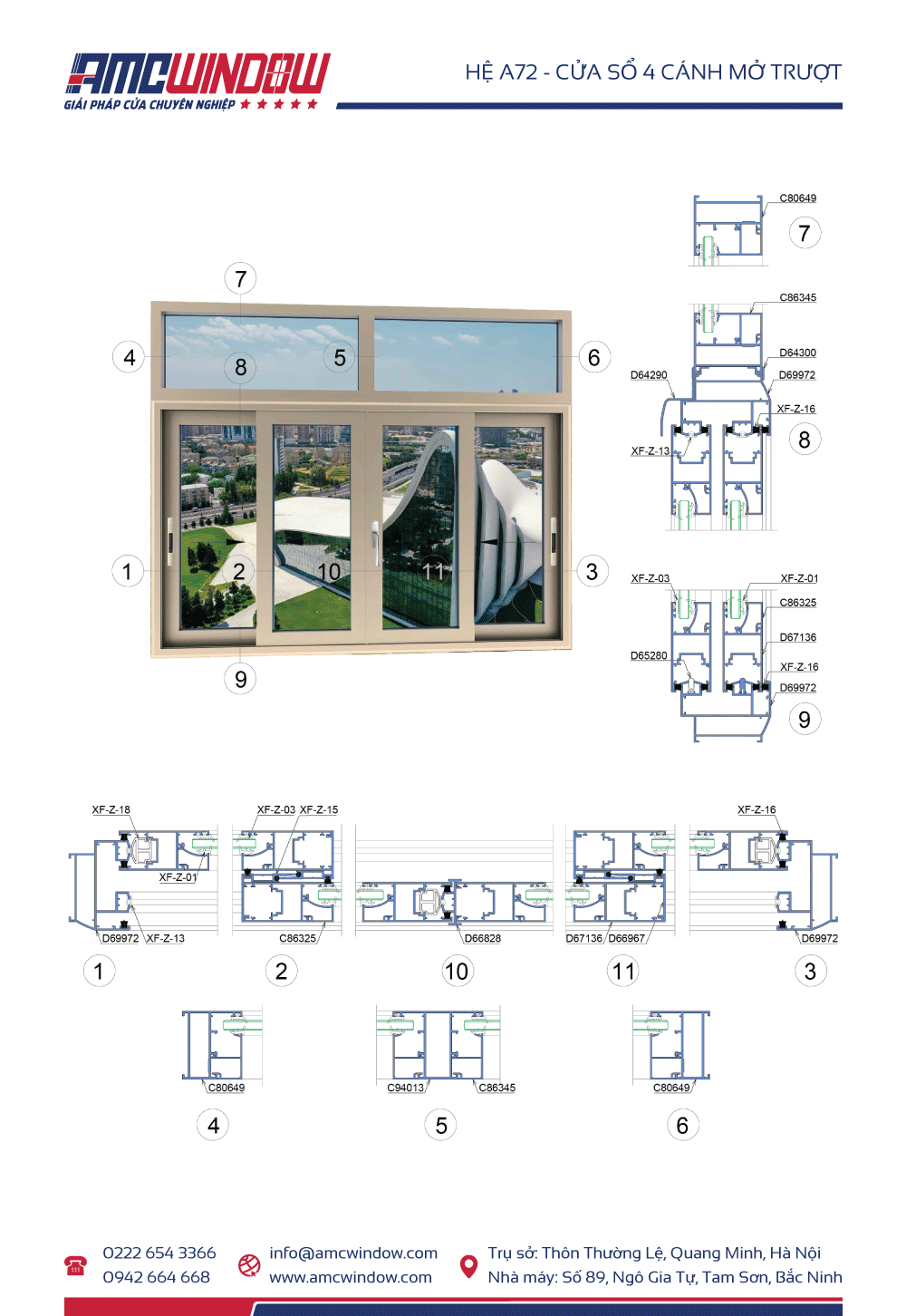 Cửa sổ 4 cánh mở trượt Xingfa hệ A72 he a72 cua so 4 canh mo truot
